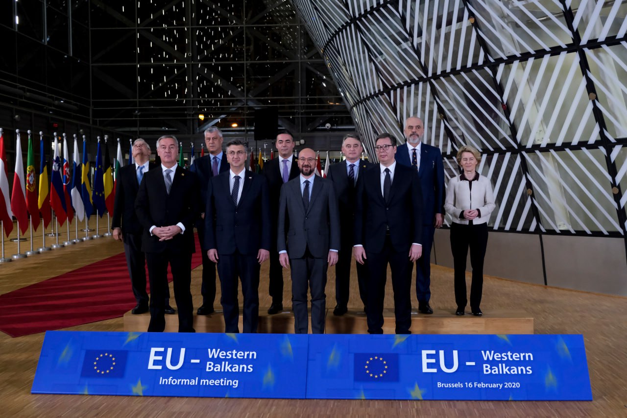 Leaders pose for a group photo before the EU-Western Balkans informal meeting at EU headquarters in Brussels, Belgium